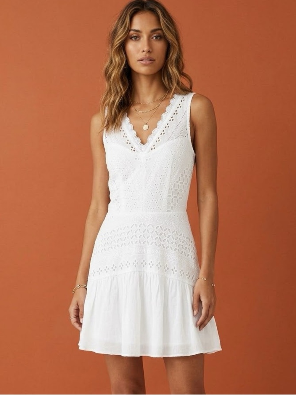 City Studio White Eyelet V-Neck Mini Dress